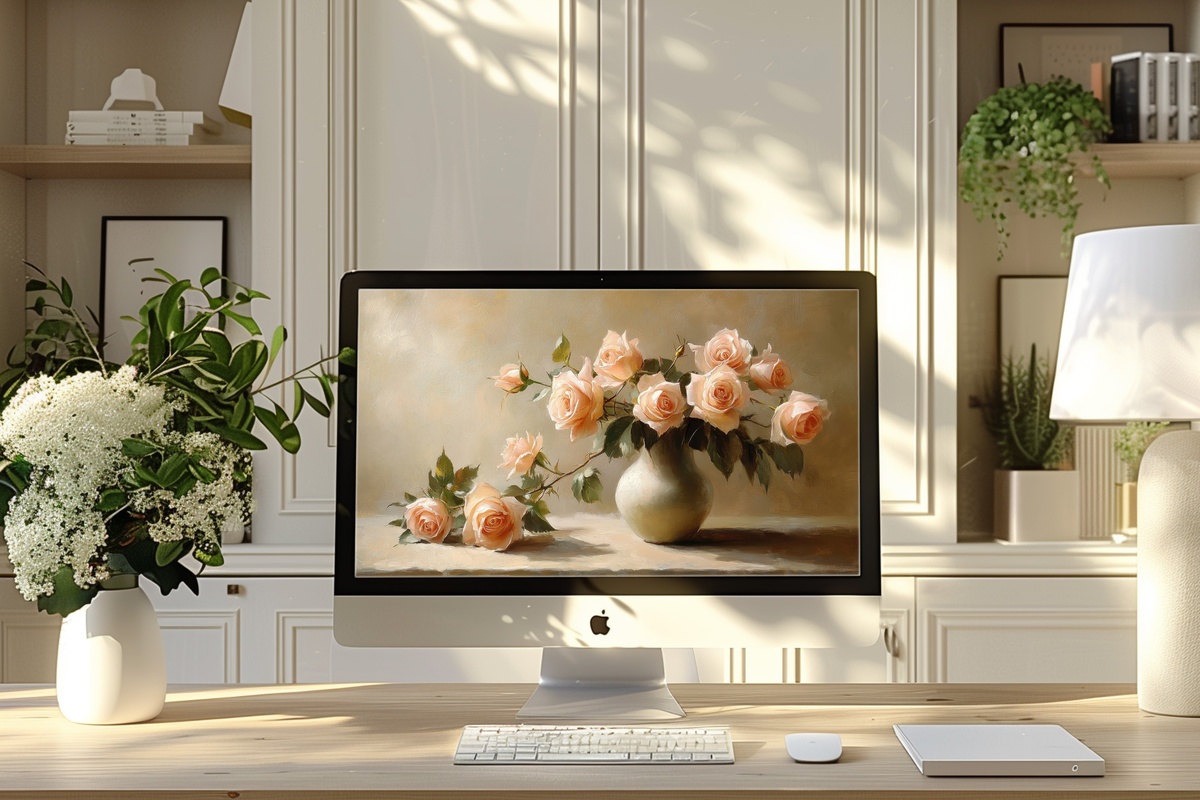 Vase of Blushing Rose Elegance Floral Desktop Wallpaper