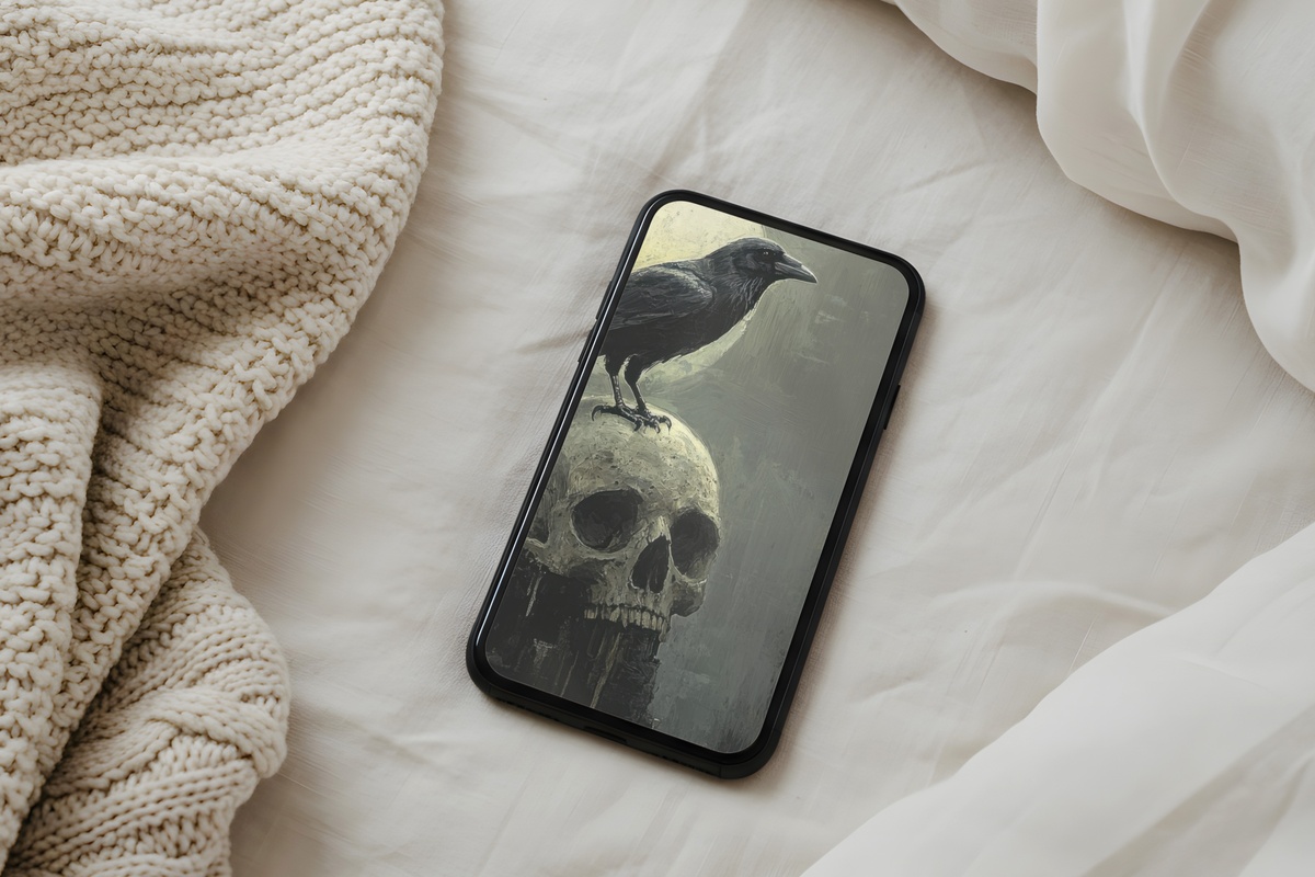 Crow and Skull in Moonlight Halloween iPhone Wallpaper