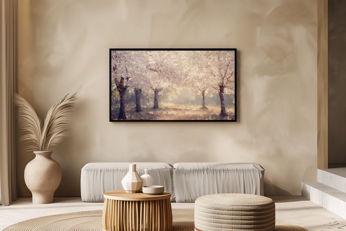 Cherry Blossoms Gentle Glow Frame TV Art — soft pink cherry blossoms under warm sunlight