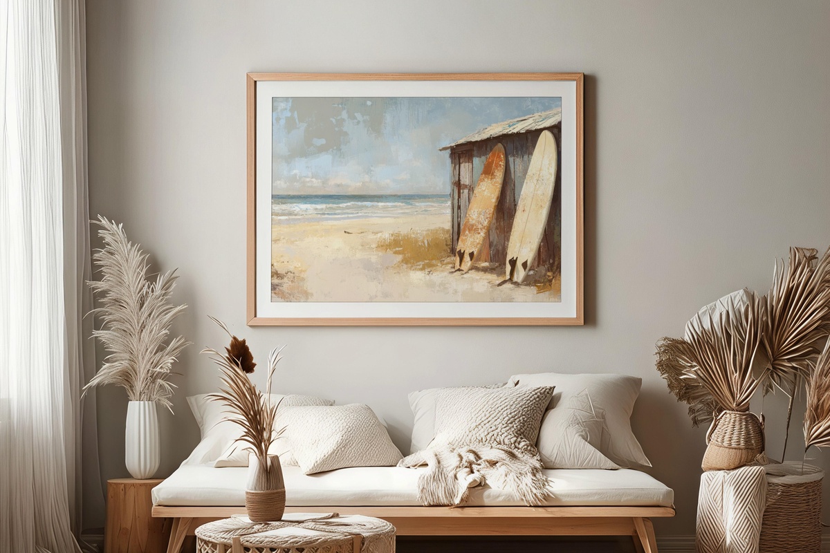 Surf Hut Harmony coastal printable wall art featuring a beach hut and surfboards in impressionist style