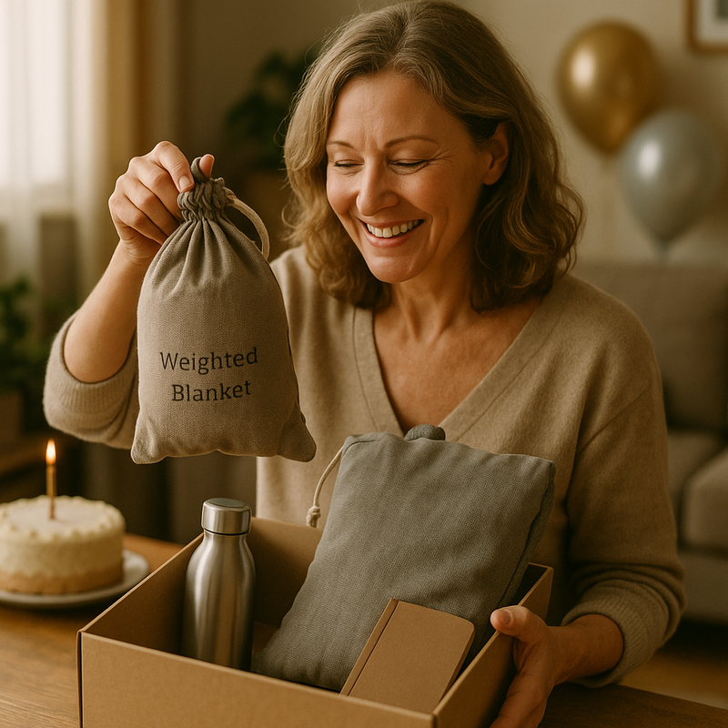 Kvinna öppnar wellnesspresenter med fokus på noggrannhet och återhämtning vid födelsedagsfirande