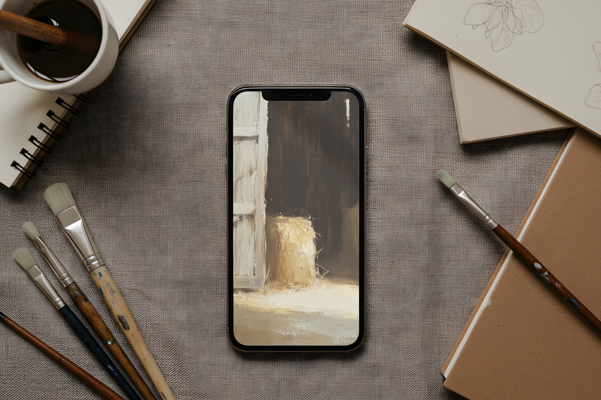 Hay-Lined Barn Door Charm Farmhouse iPhone Wallpaper with warm rustic tones