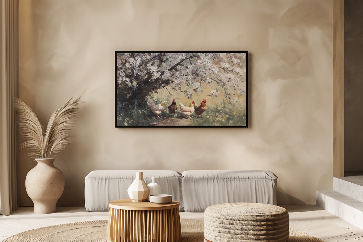 Blossom-Watching Chickens Farmhouse Frame TV Art