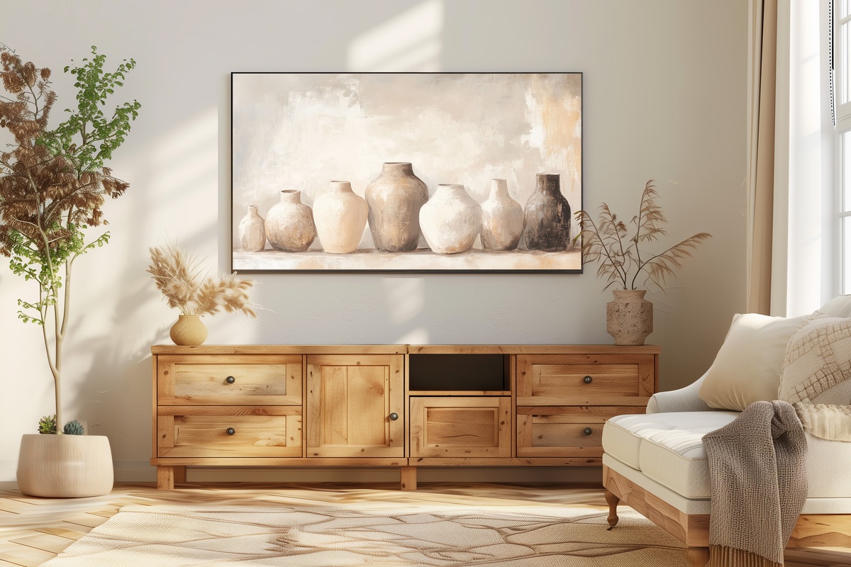 Ceramic Vases Serenity Frame TV Art featuring bohemian ceramic vases in neutral tones