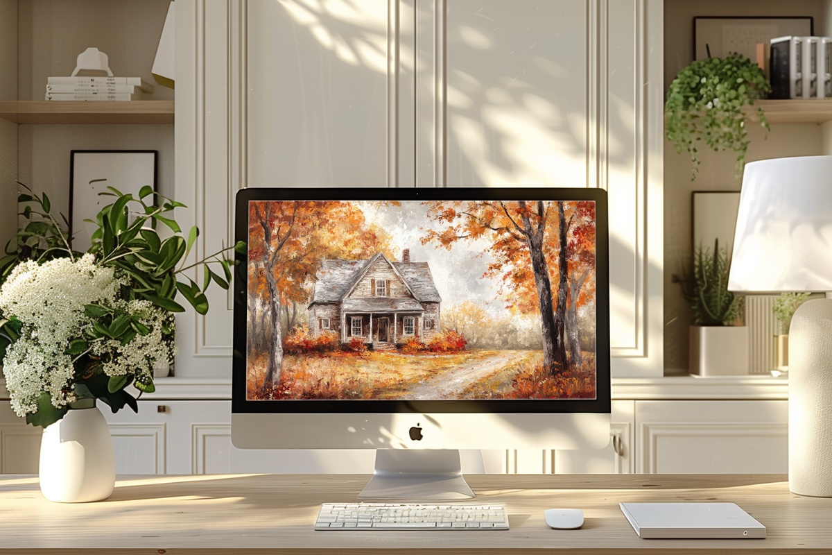 Quiet Farmhouse Autumn Leaves desktop wallpaper — warm autumn tones on a farmhouse exterior
