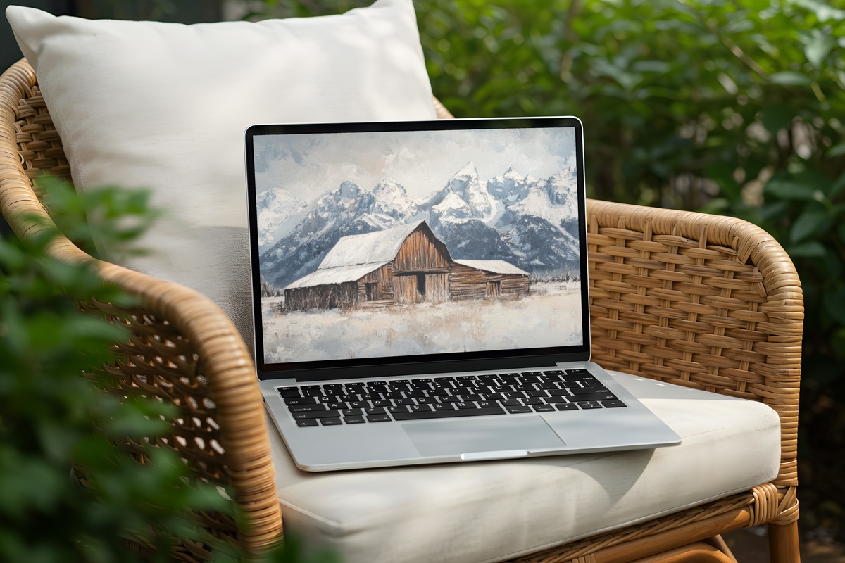 Mountain Snow Barn Stillness Farmhouse Desktop Wallpaper with serene barn and snowy mountains