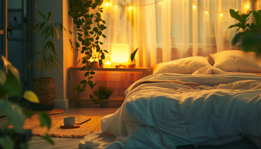 Une chambre paisible avec un lit confortable, éclairage doux et éléments naturels comme des plantes. La pièce est calme et sereine, avec des éléments comme un repas léger sur une table de chevet, une personne faisant du yoga doux, et une tasse de tisane. Aucun appareil électronique visible.