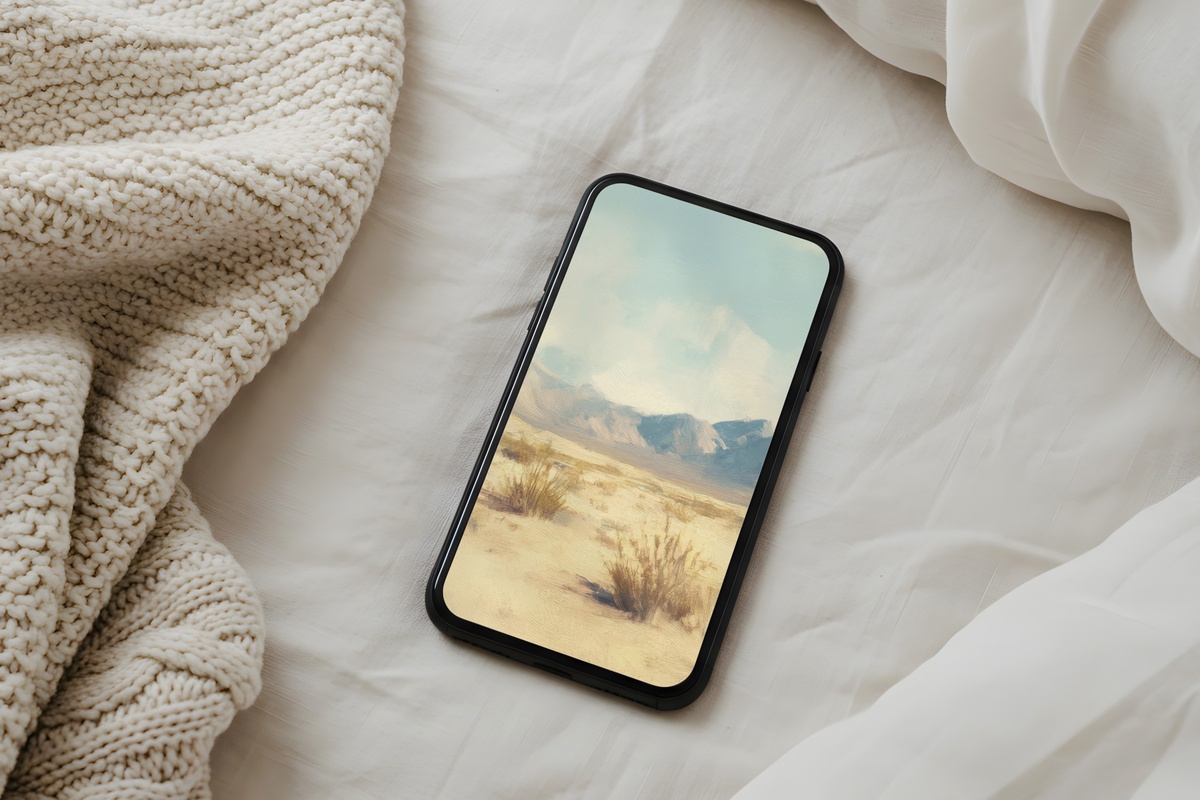 Mountain Desert Horizon landscape iPhone wallpaper with sandy and dusty mauve tones