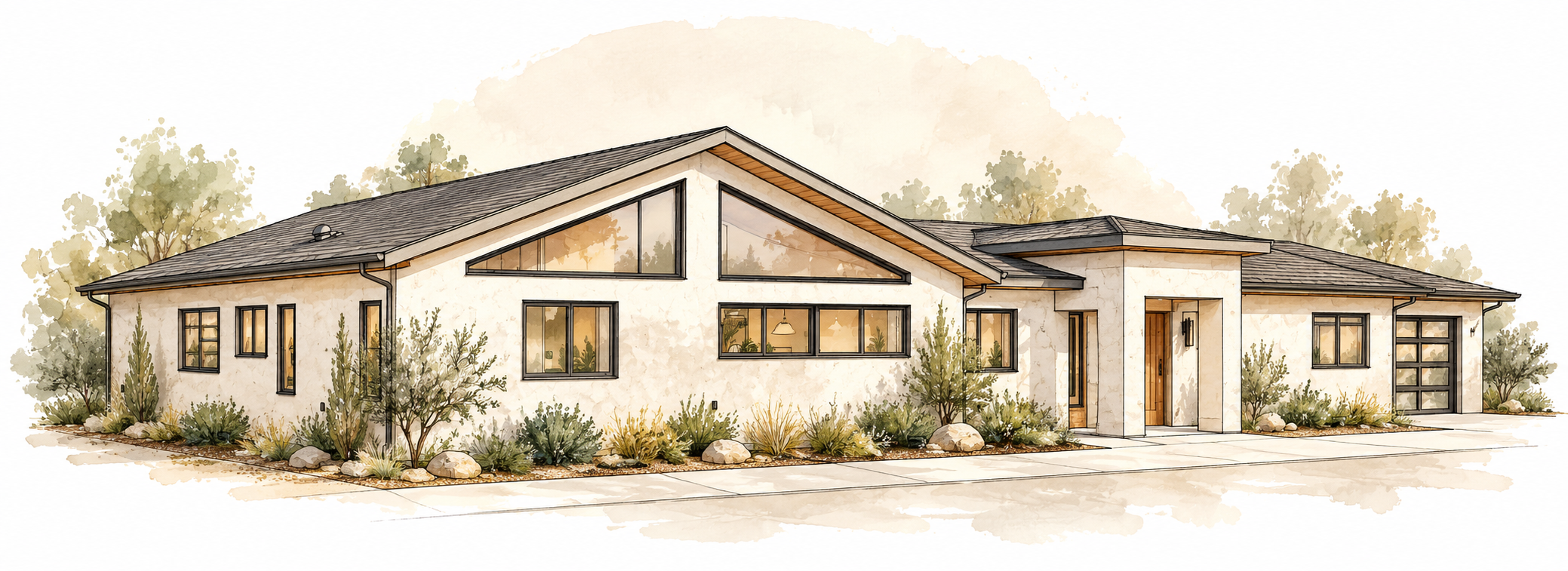 Watercolor of a cream stucco house in San Jose with a dark shingle roof, a new front gable, and black-framed windows, by Arch Design by B