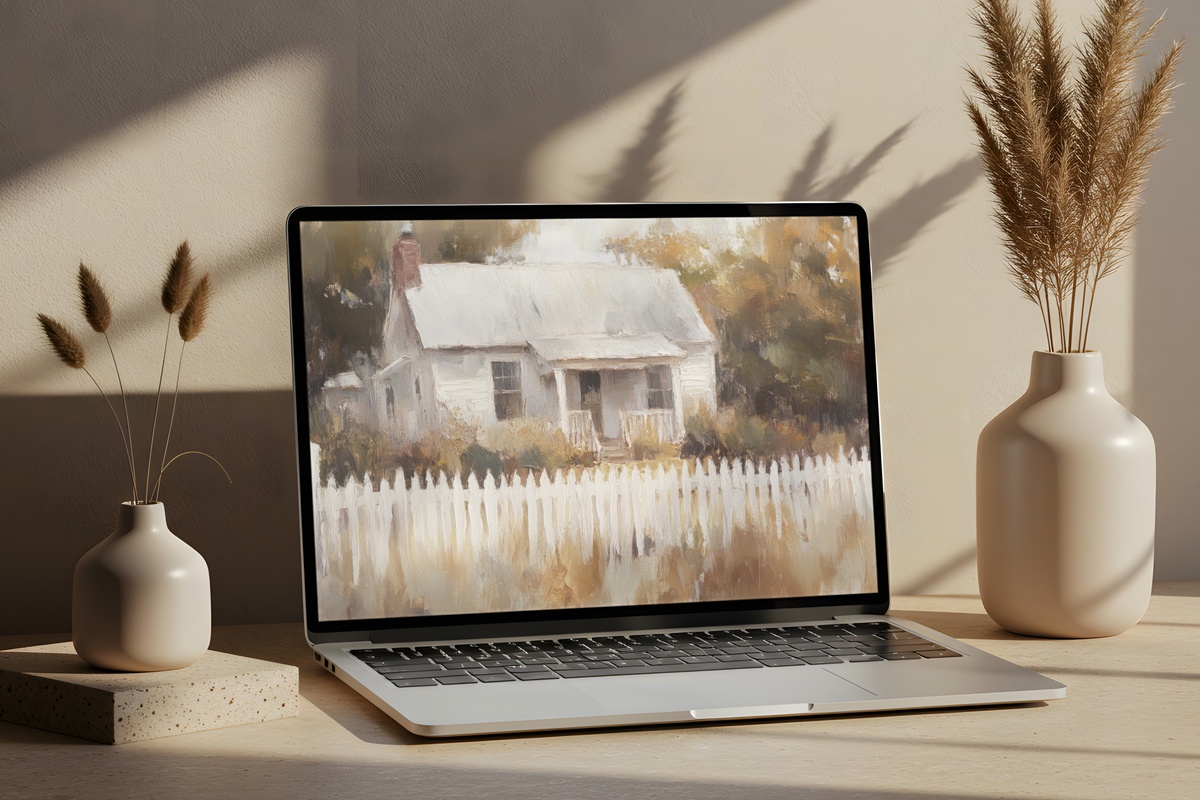 Cozy Farmhouse Radiance desktop wallpaper featuring a farmhouse in soft impressionist light brushwork