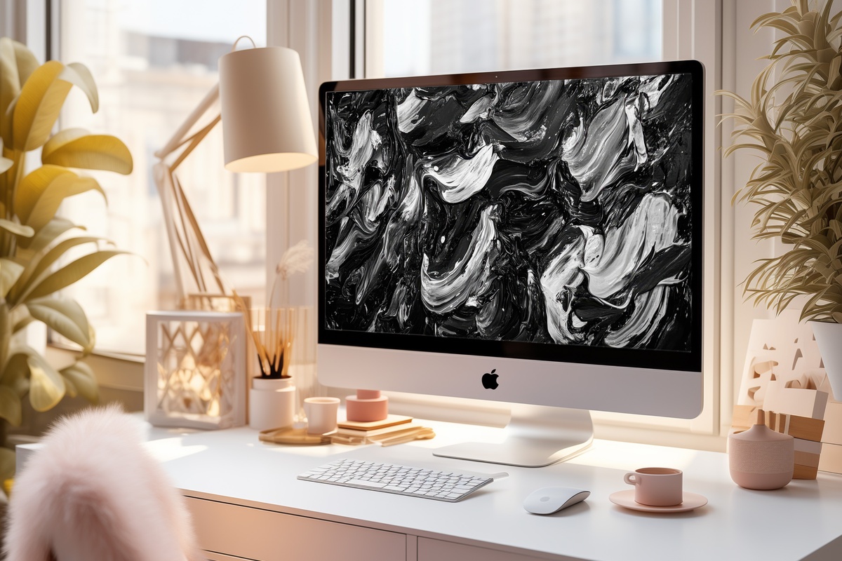 Dynamic Brushstroke Energy Black and White Desktop Wallpaper
