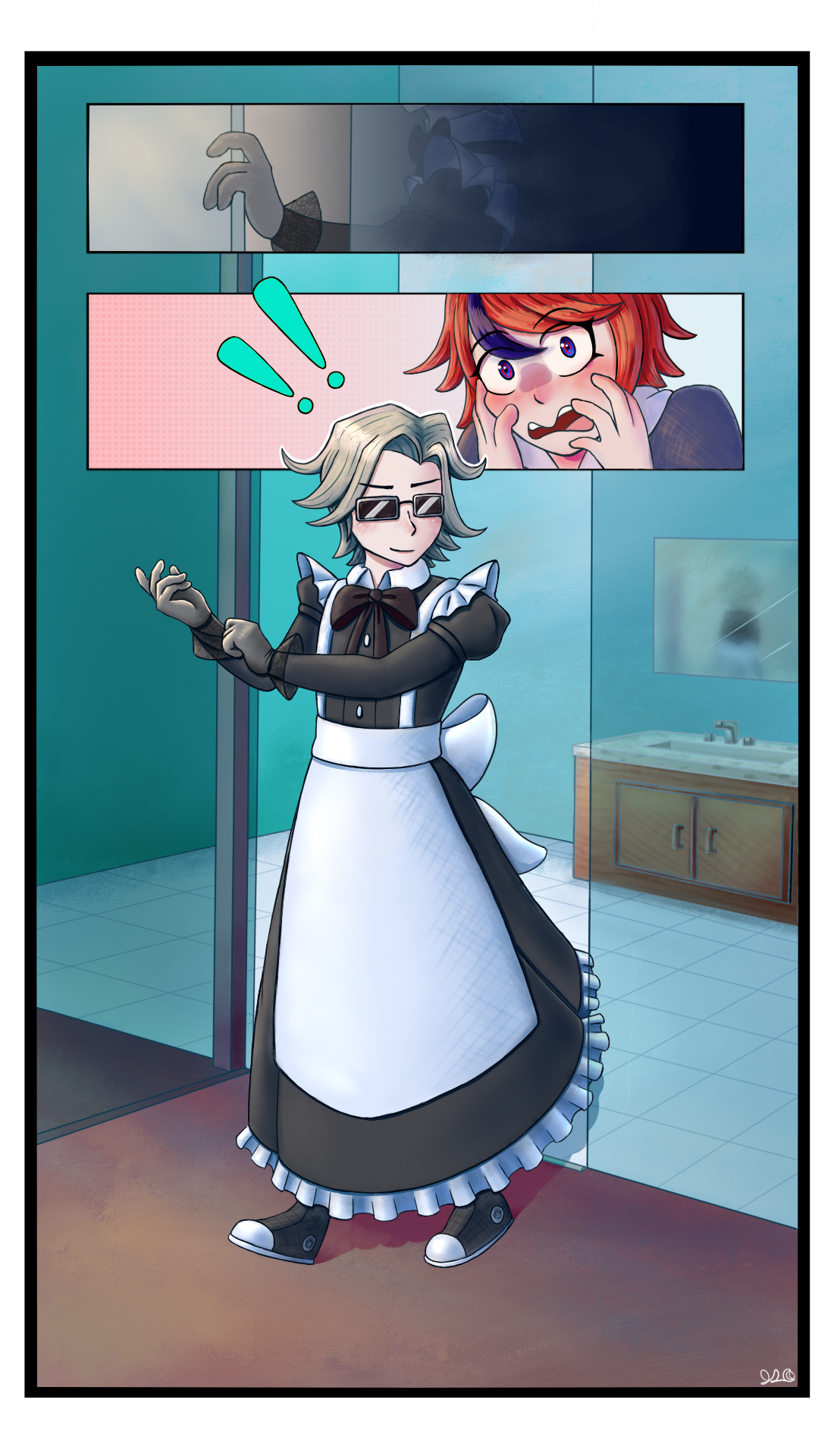 Eito exiting bathroom wearing maid dress