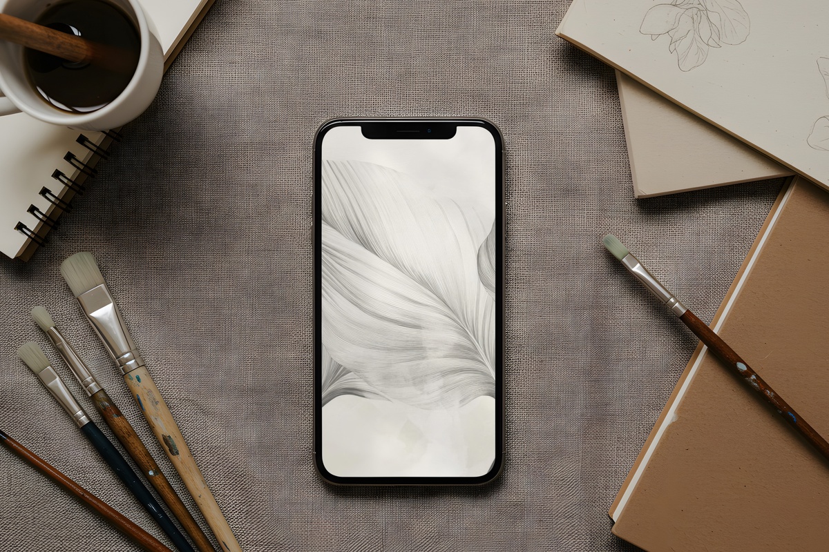Nature's Linear Elegance neutral iPhone wallpaper with soft grey botanical line forms