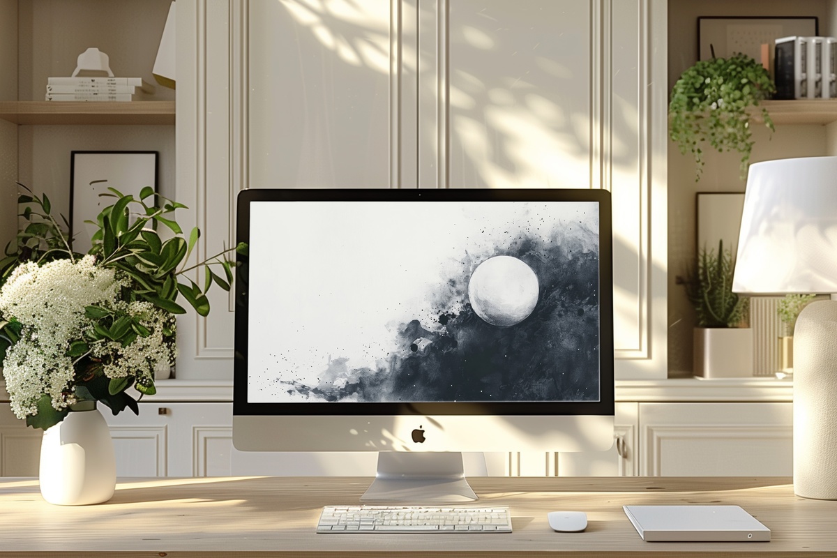 Lunar Elegance on White Black and White Desktop Wallpaper
