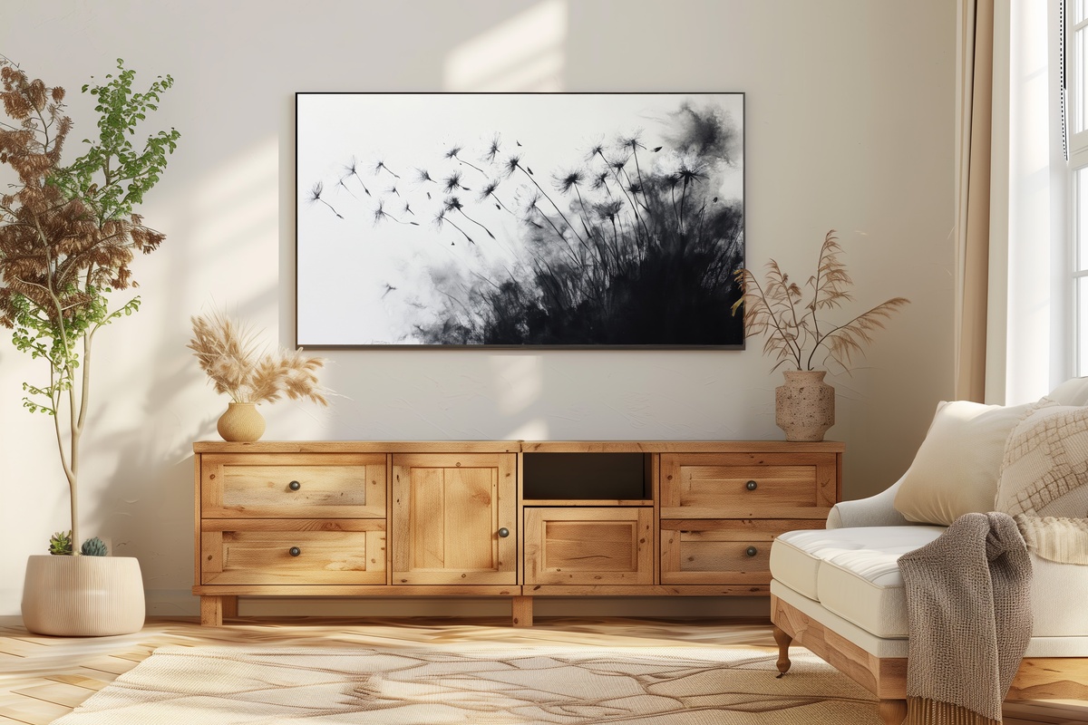 Dandelion's Skyward Journey Black and White Frame TV Art