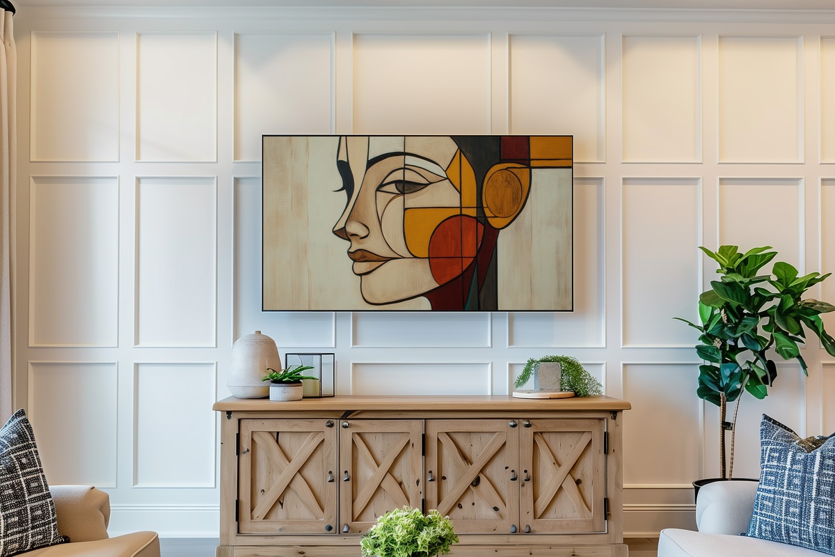 Geometric Facial Artistry Frame TV Art - a human face abstracted into geometric forms with bold minimal lines