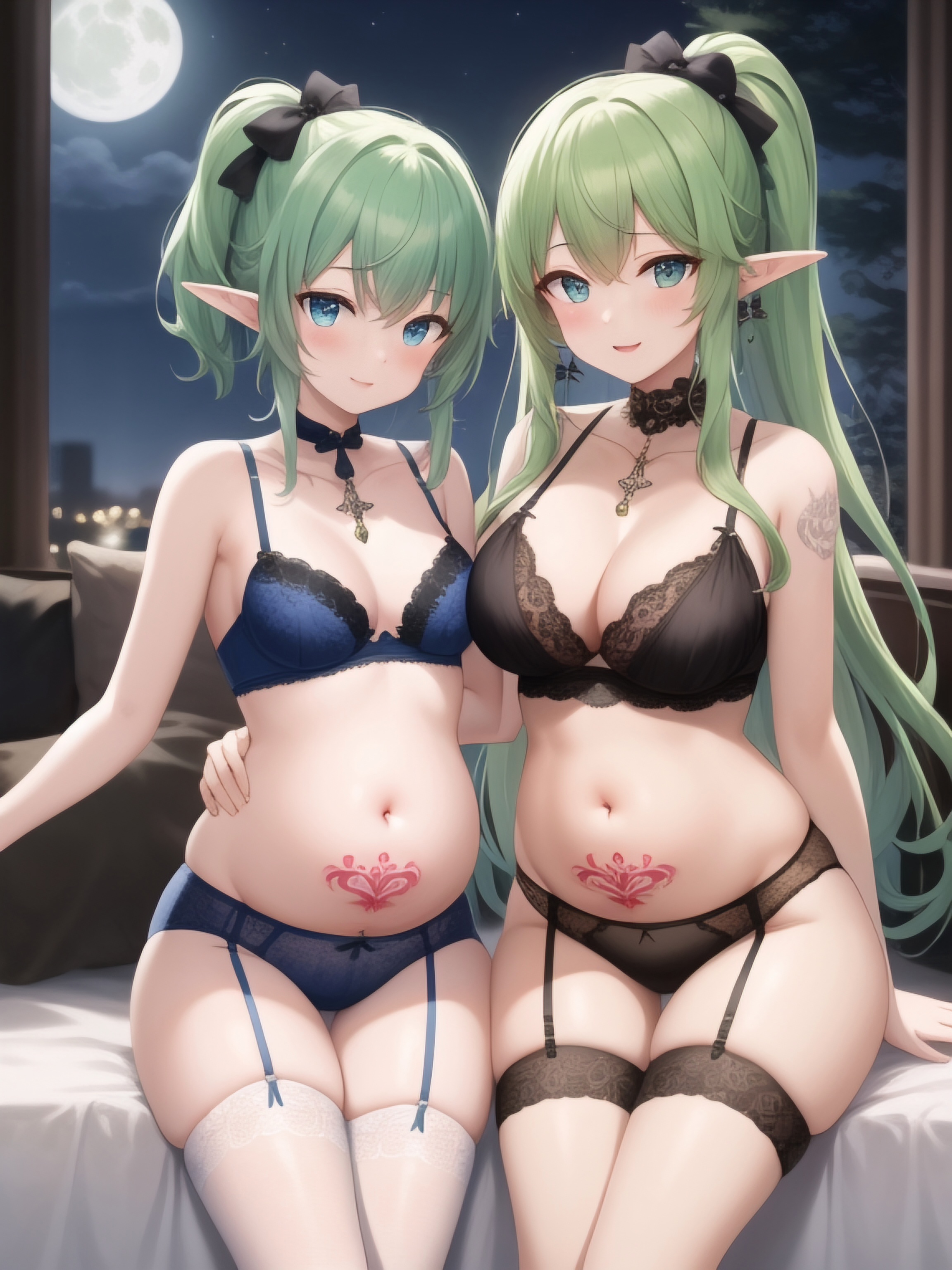 エルフの双子 39 by MIDNIGHT with ai art, elf, breasts, large breasts, lingerie, pregnancy, pregnant, twins, sexual demon tattoo