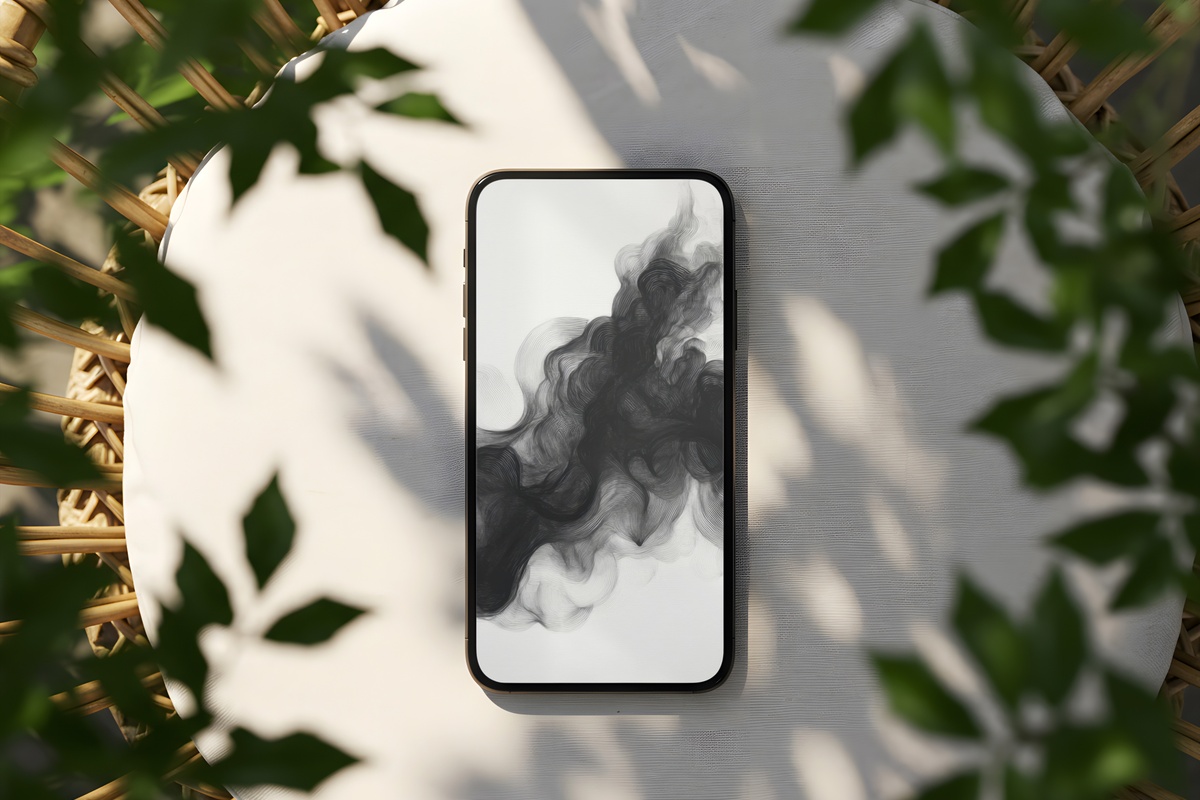 Ink Flow Dynamics black and white iPhone wallpaper with fluid ink movement across white space