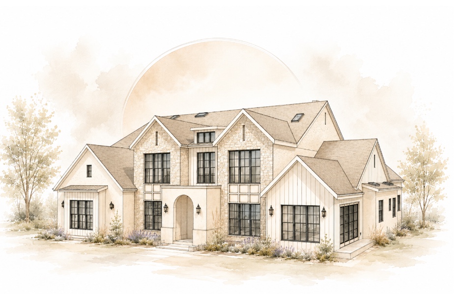 Custom modern farmhouse residence architectural design by Arch Design by B, Beatriz Tercero featuring stone, board-and-batten siding, and a grand arched entrance