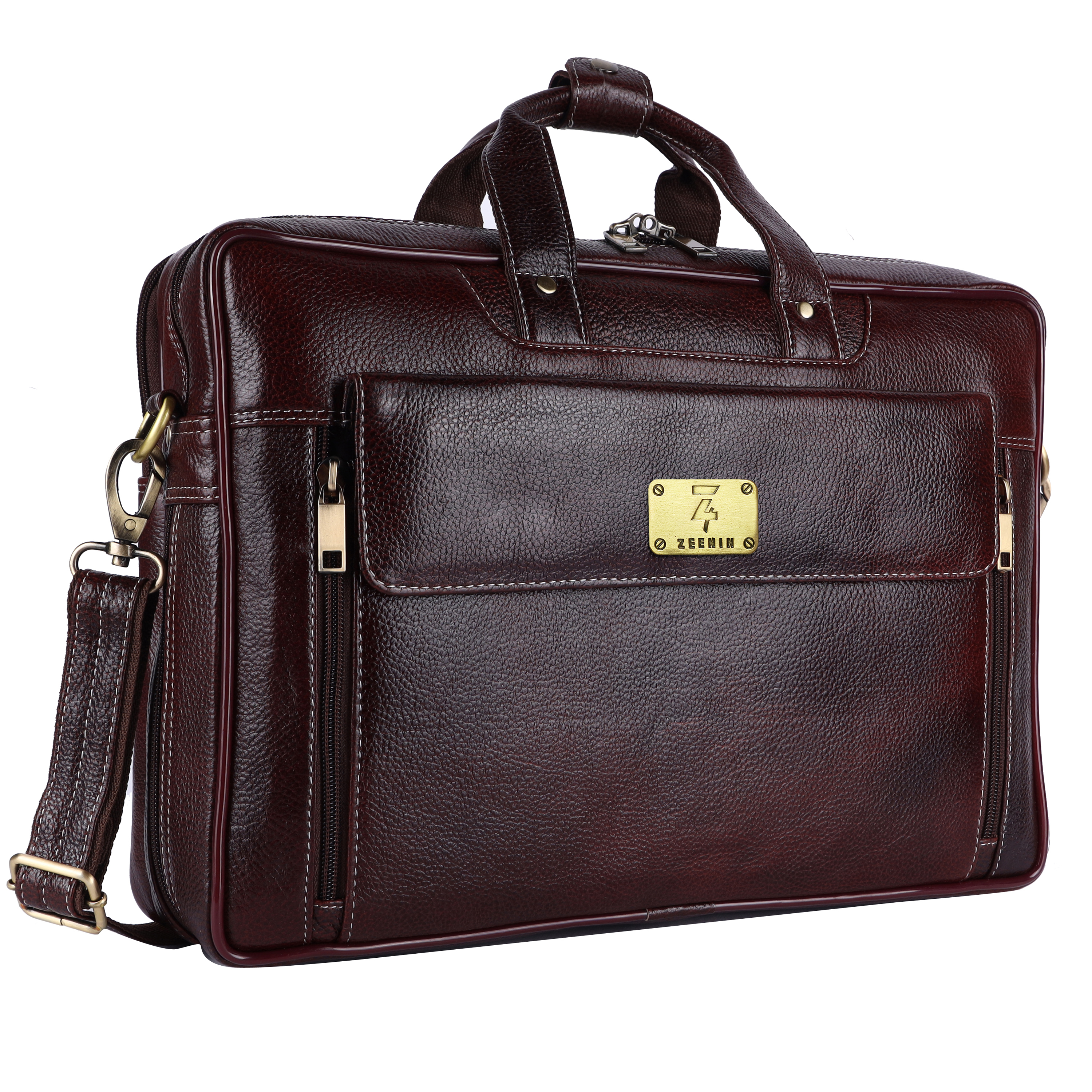 Zeenin Pure Genuine Leather Stylish 16" Spacious Briefcase Laptop Messenger Travel Office Bag, Brown