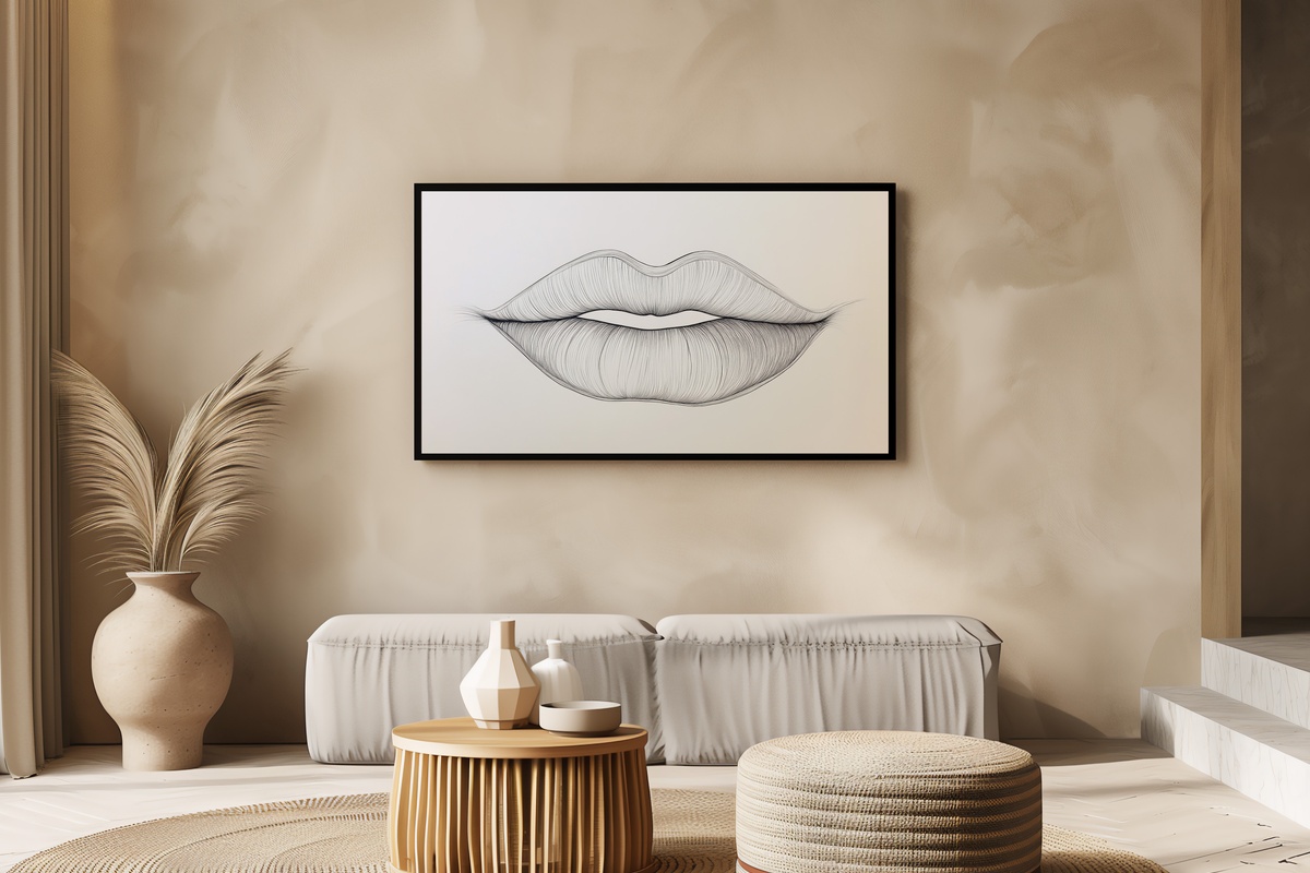 Minimal Lip Contour Expression Frame TV Art showing an elegant lip outline in minimalist line art
