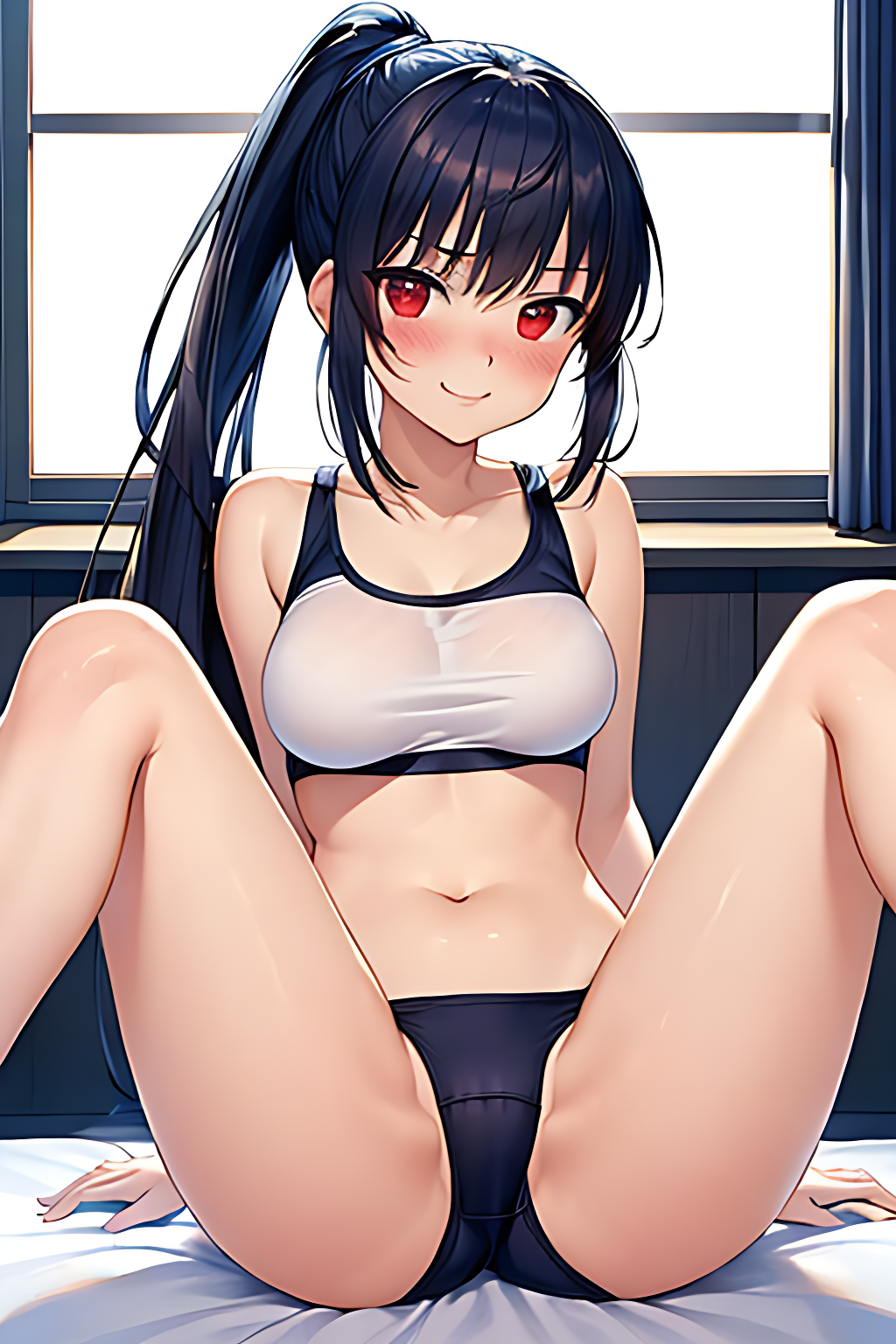 AIイラスト勉強中(奇形や違和感があるかも。ごめんなさい。) by AI実験室 with beautiful girl, Shizuku Yaegashi, Arifureta: From Commonplace to World's Strongest, blushing, M-shaped legs