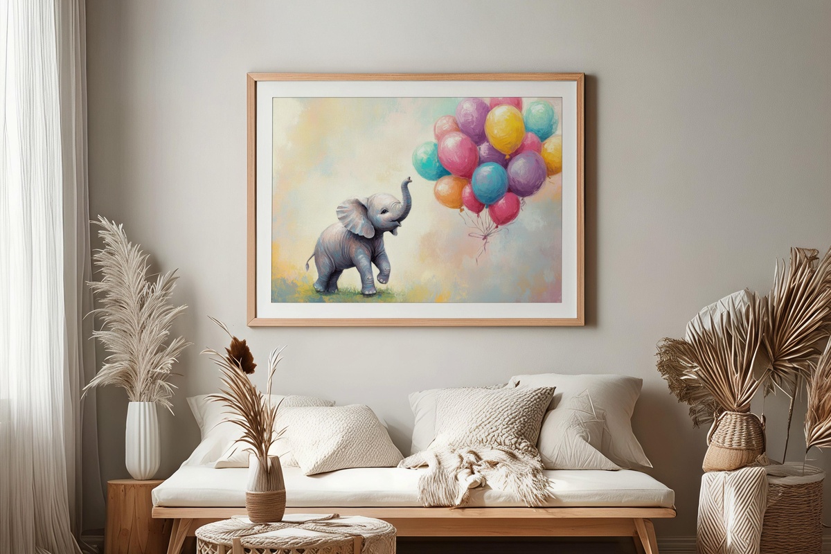 Pastel Sky Elephant Joy nursery printable wall art featuring a baby elephant with pastel balloons