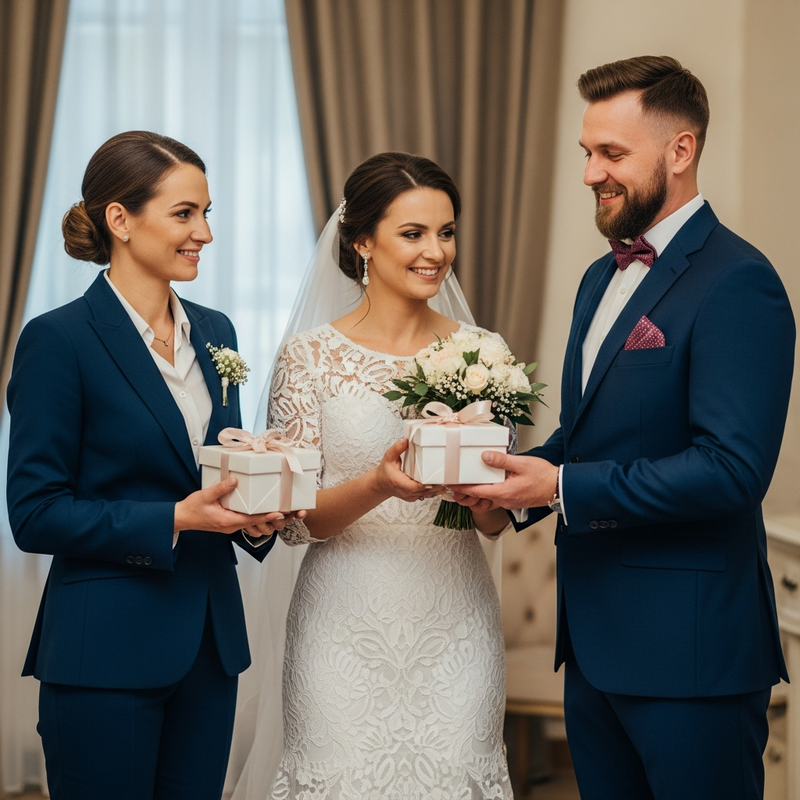 Para otwiera prezent na miedzianą rocznicę ślubu i ogląda miedziany świecznik w przytulnym salonie