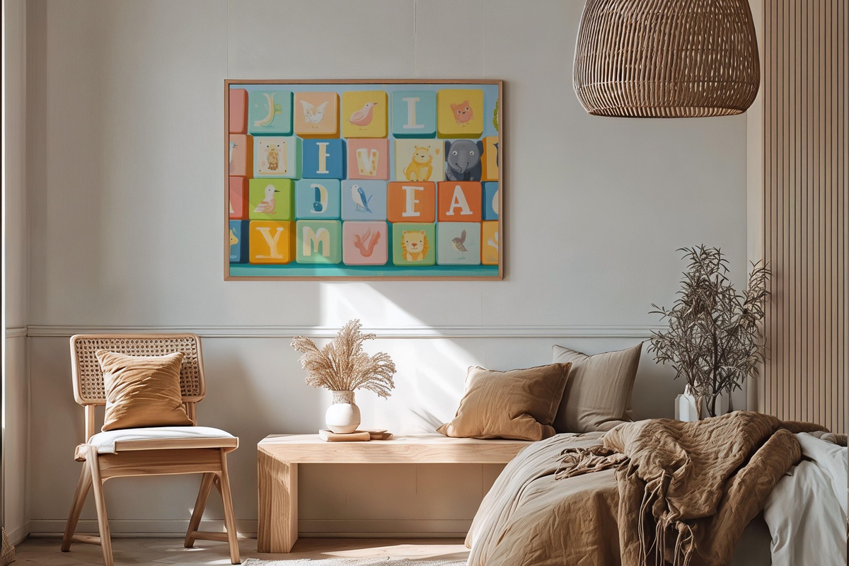 Whimsical Letters Parade nursery printable wall art with alphabet blocks and playful animals