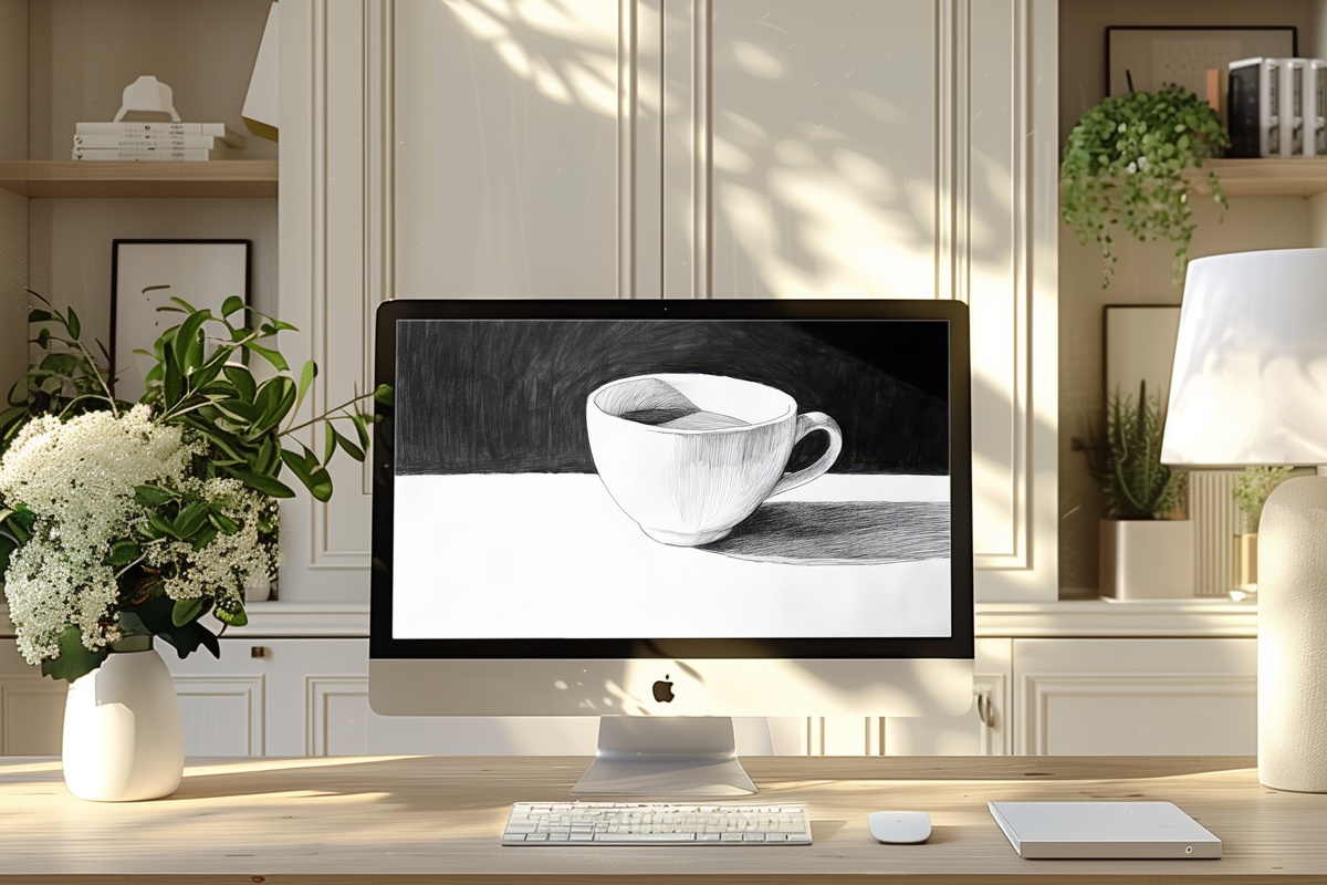Line Art Coffee Harmony black and white laptop wallpaper with minimalist coffee cup line drawing