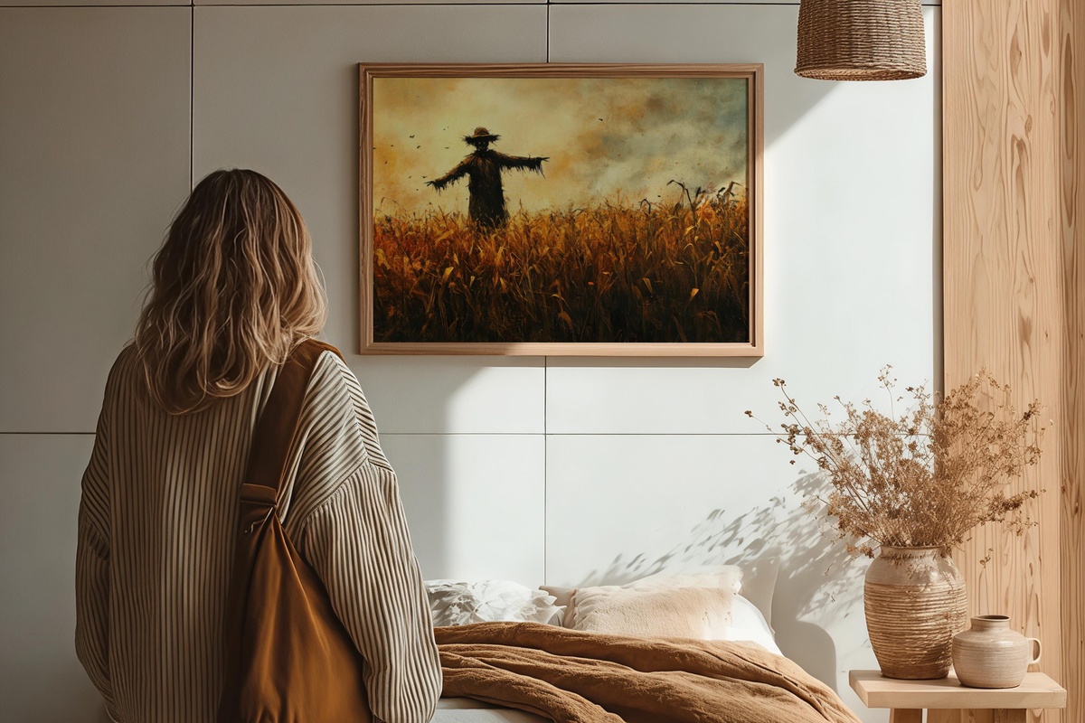 Eerie Scarecrow in Golden Field Halloween Printable Wall Art — haunted scarecrow in golden field