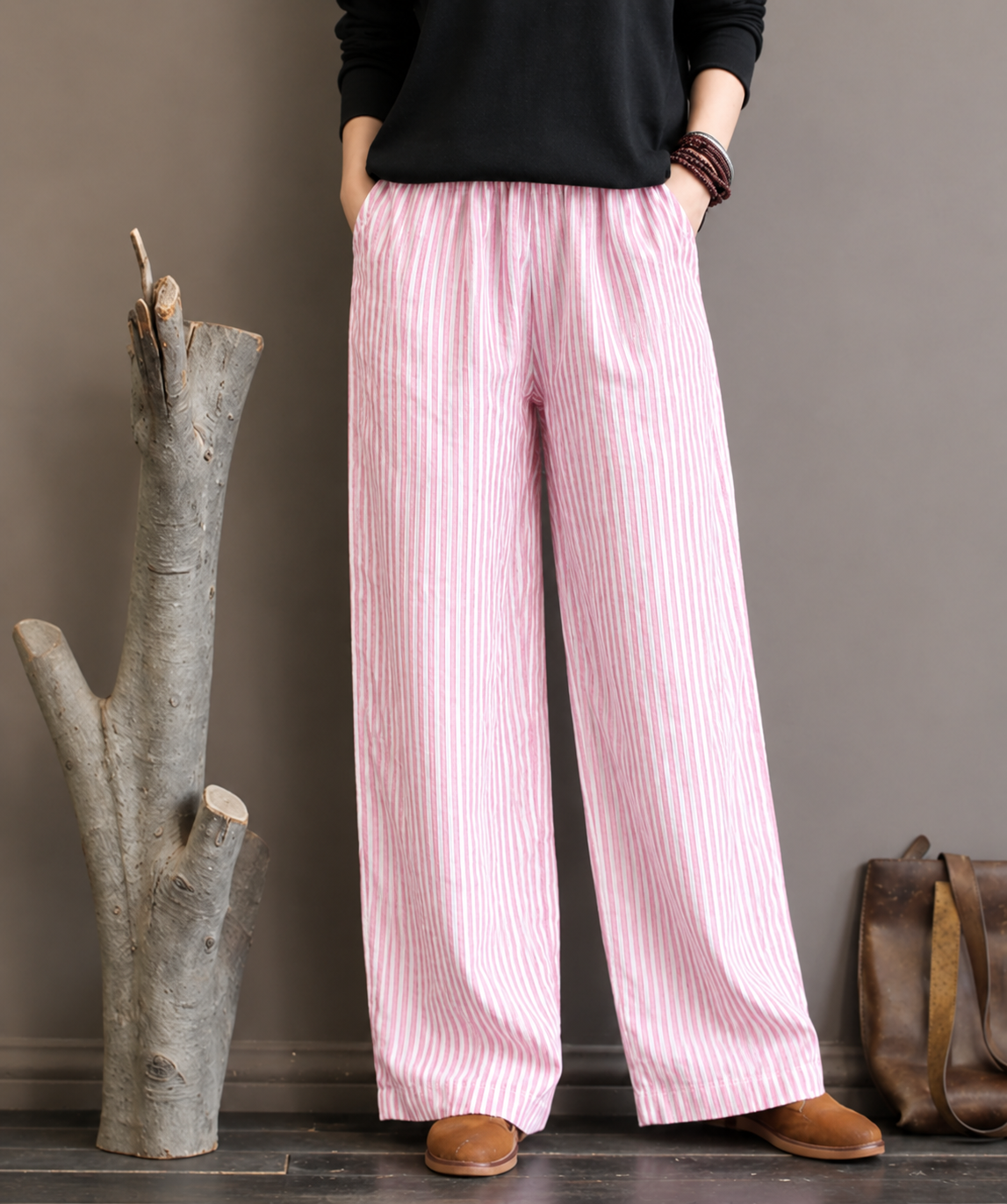 Pink Rayon Cotton Striped Every Day Trouser