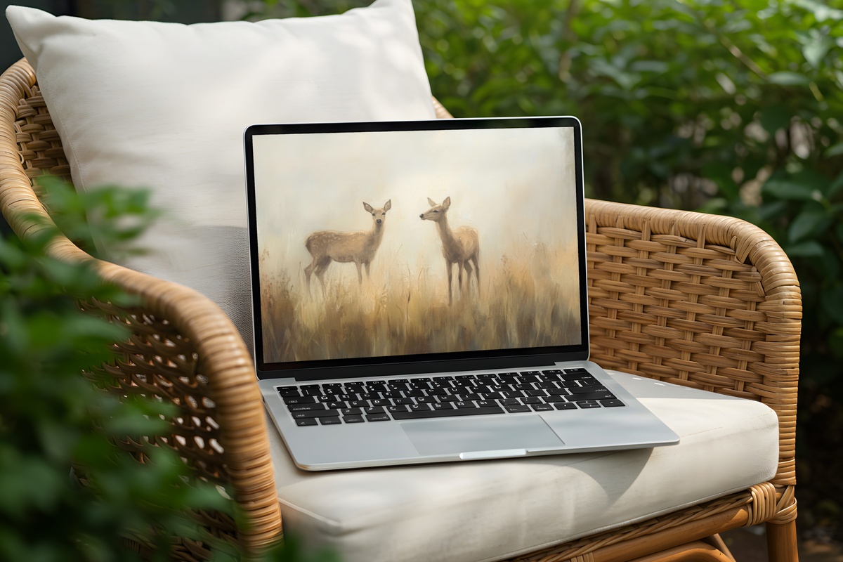 Serene Meadow Deer Stroll Vintage PC Wallpaper