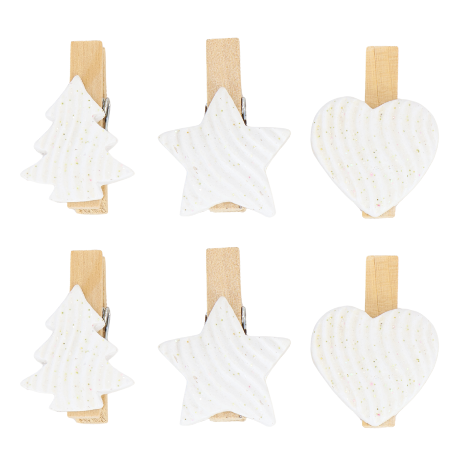 Set de 6 ganchos navideños blanco, 3.5cm, madera/cerámica