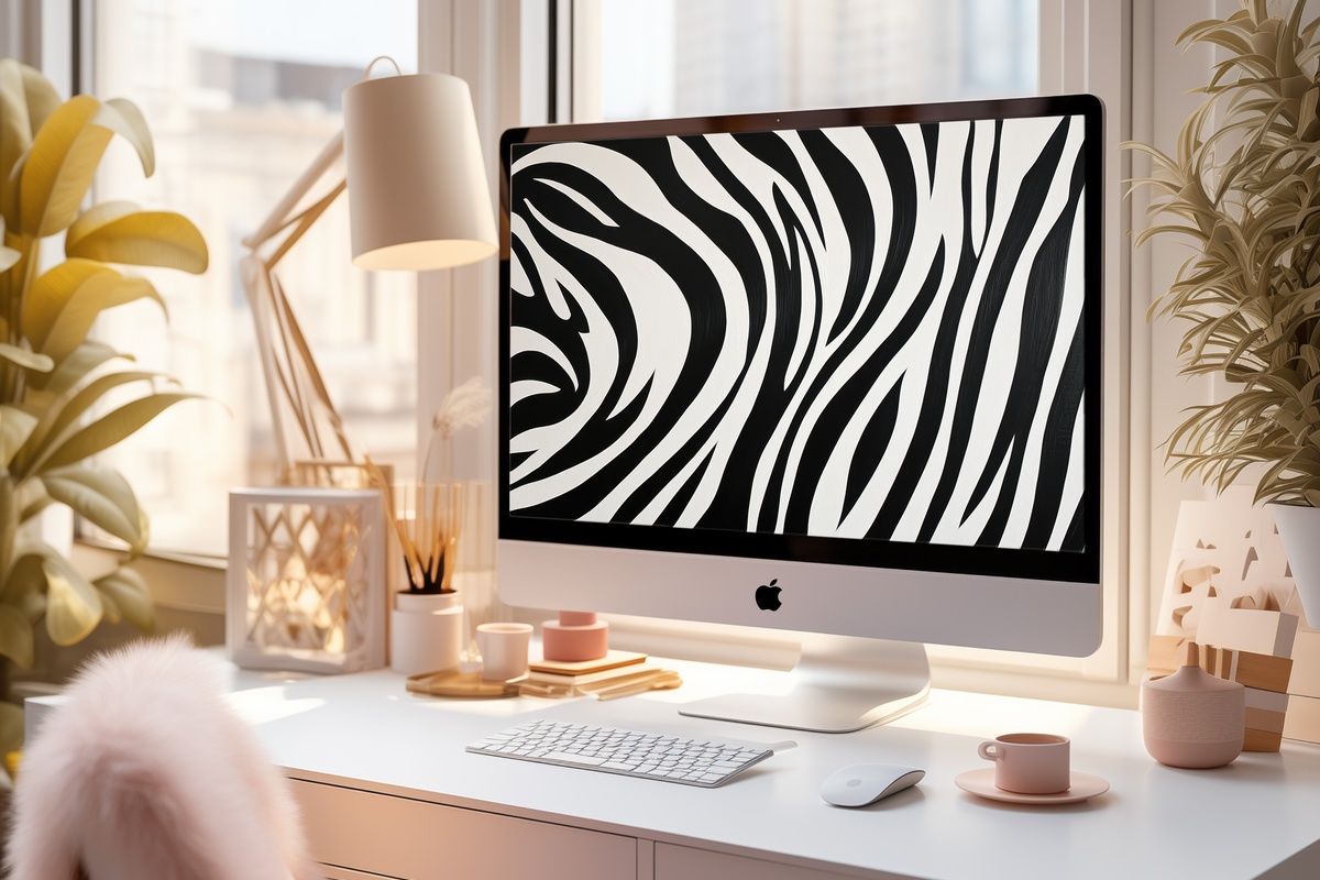 Zebra Stripe Symphony black and white desktop wallpaper featuring flowing organic stripe patterns