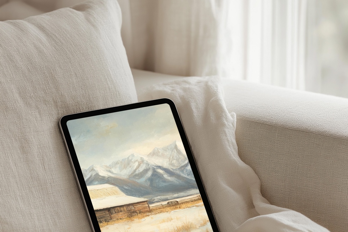 Snowy Barnscape Tranquility Farmhouse iPad Wallpaper in muted earth tones