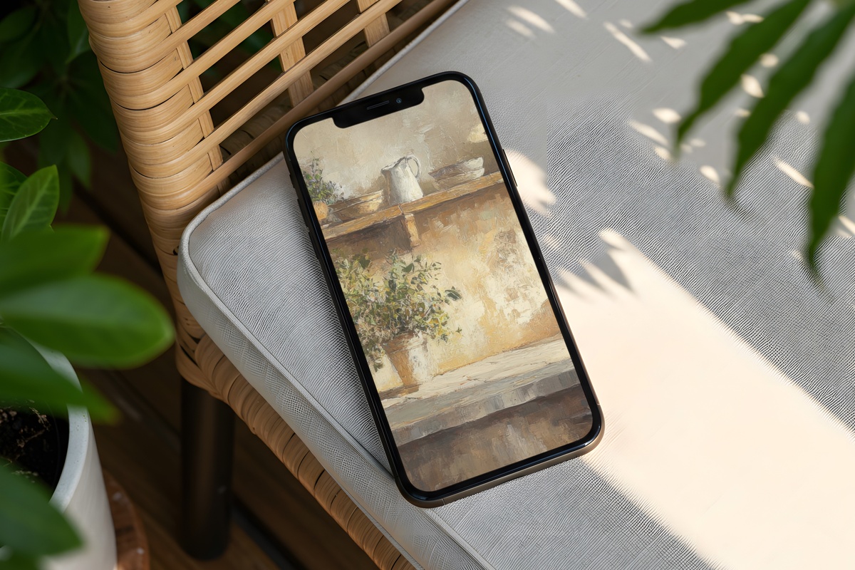 Fresh Herbs in Farmhouse Kitchen iPhone wallpaper in warm earthy greens