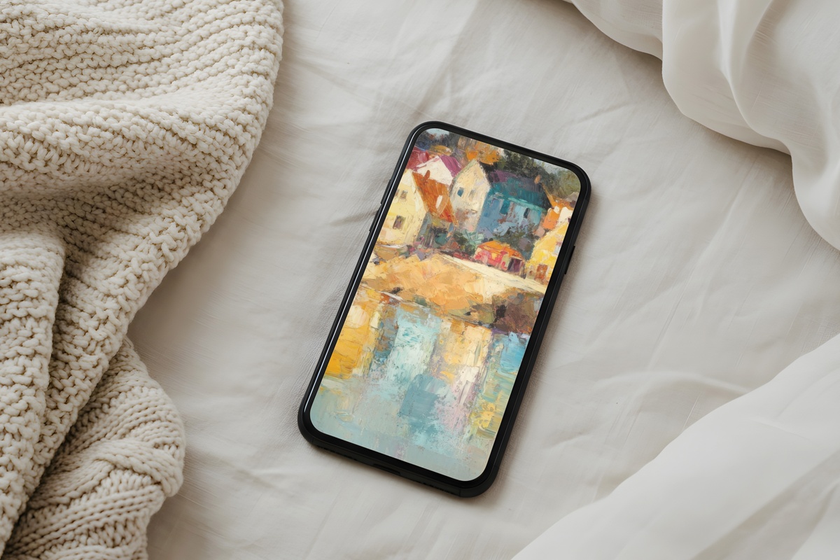 Impressionist Village Harmony coastal iPhone wallpaper — painterly coastal village in warm earth and ochre tones