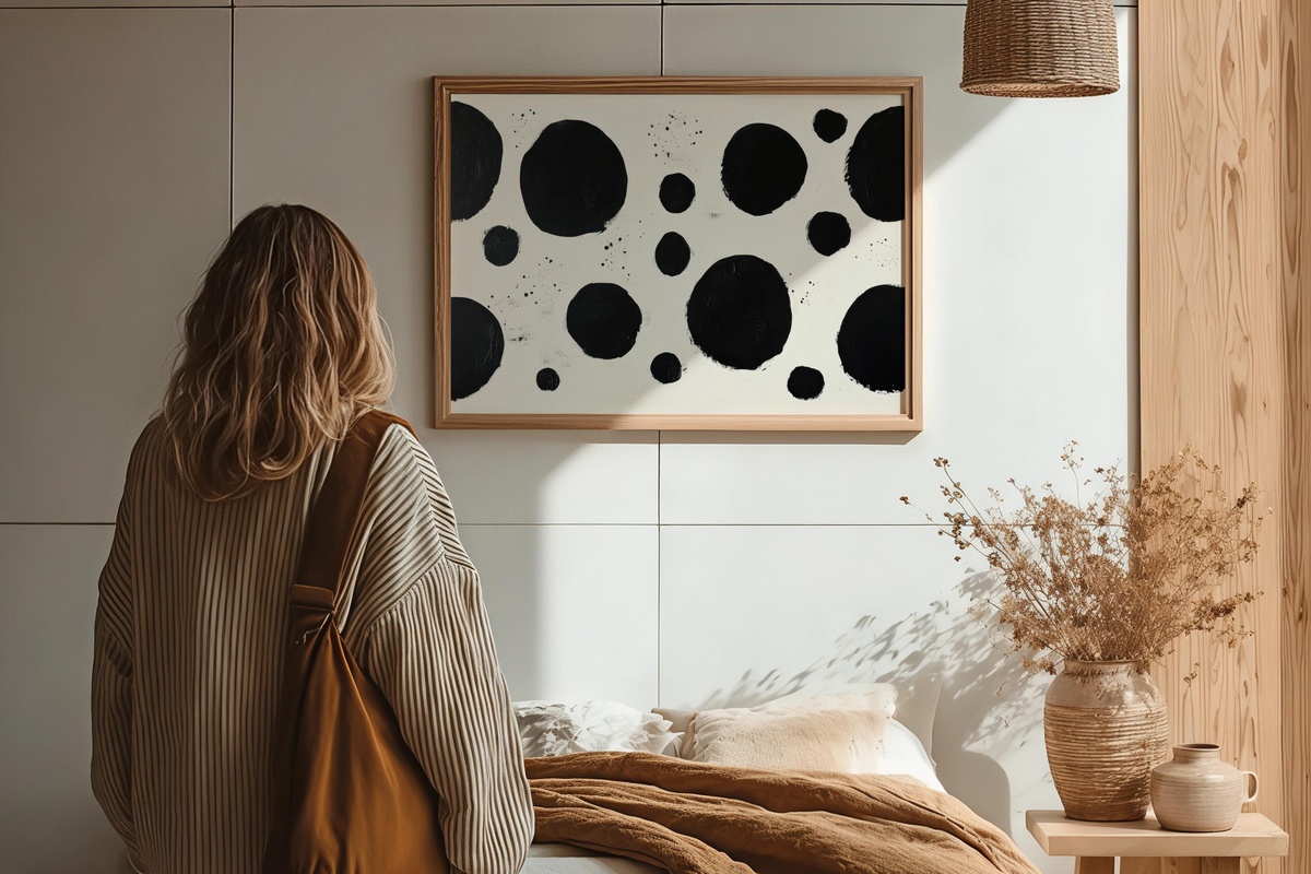 Minimalist Dot Composition Printable Wall Art — geometric black dot arrangement printed on white