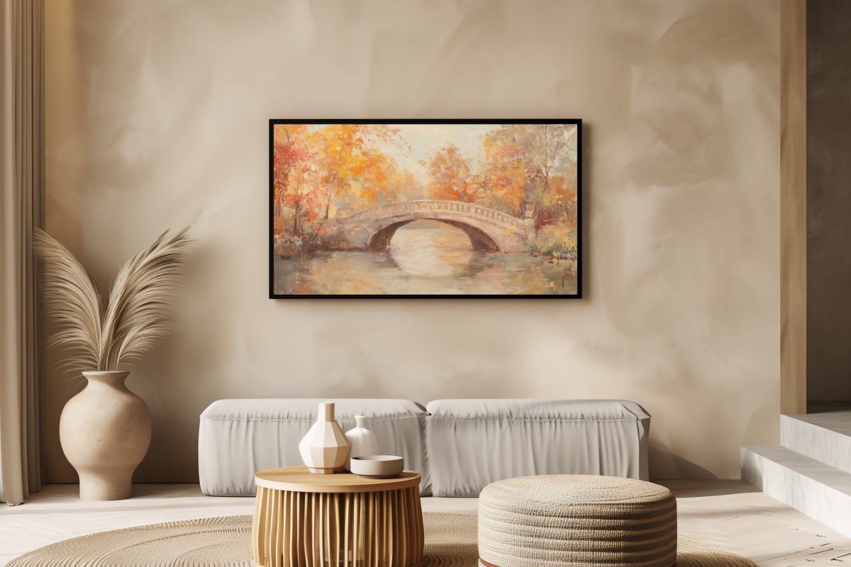 Autumn Bridge's Tranquil Passage Vintage Frame TV Art - impressionist autumn bridge in warm rust and amber for Samsung Frame TV