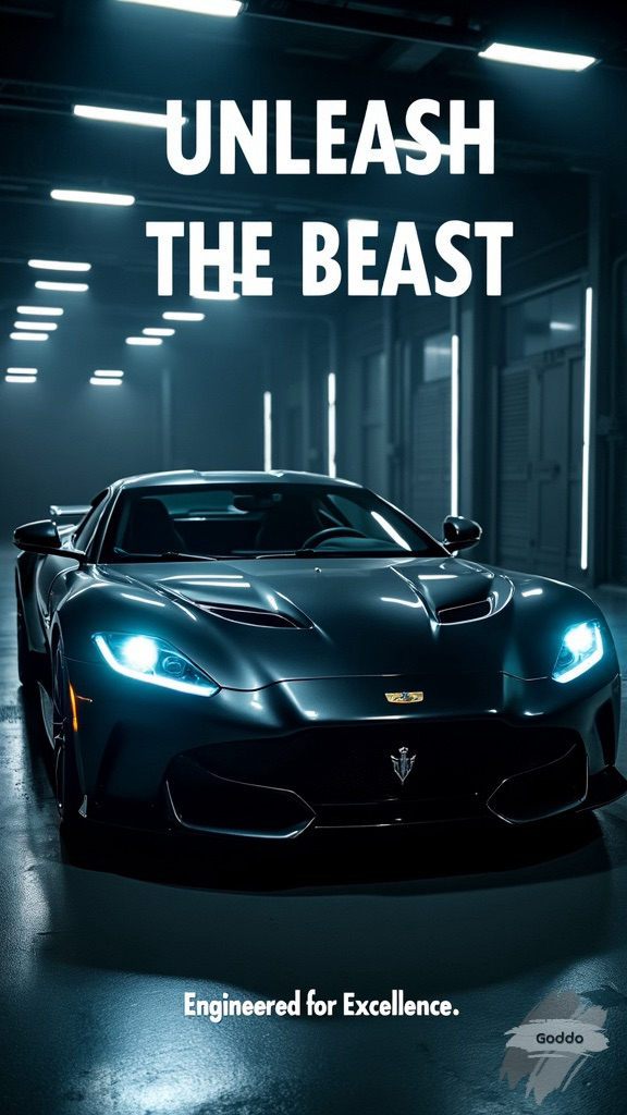 A luxury sports car in a dimly lit, high-end garage with light beams strategically highlighting its aerodynamic curves and glossy finish. The car’s headlights glow intensely, piercing through the darkness. The text "Unleash the Beast" is written in powerful, bold letters at the top. The tagline "Engineered for Excellence" is placed below, highlighting the car’s performance and precision engineering.