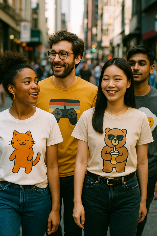 Diverse group wearing stylish funny graphic T-shirts in urban setting