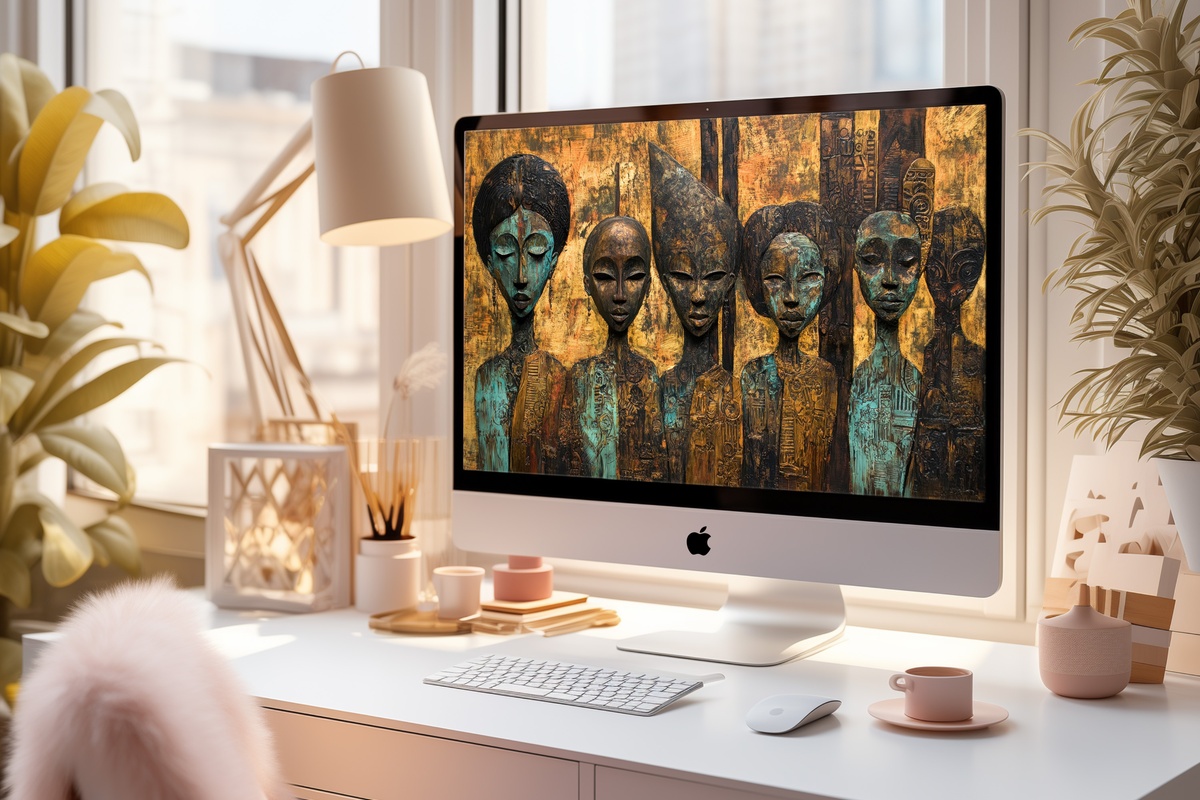 Timeless Bronze Whimsy Boho Desktop Wallpaper — antique figurines eclectic Mac wallpaper