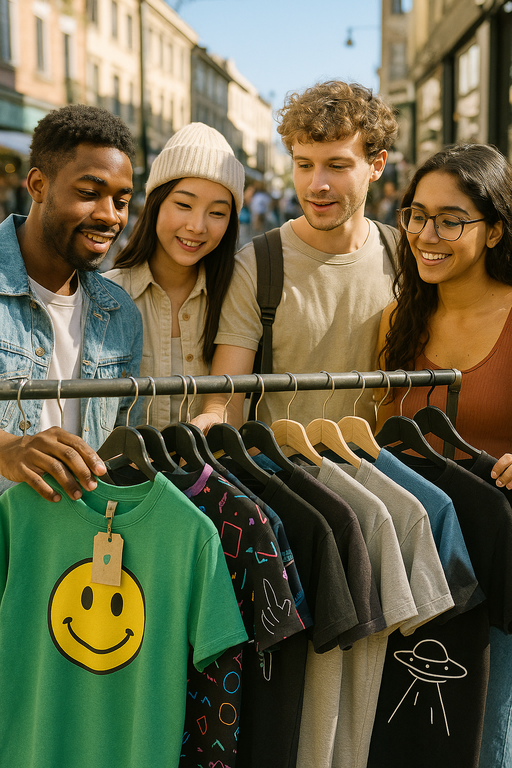 Diverse group wearing stylish funny graphic T-shirts in urban setting