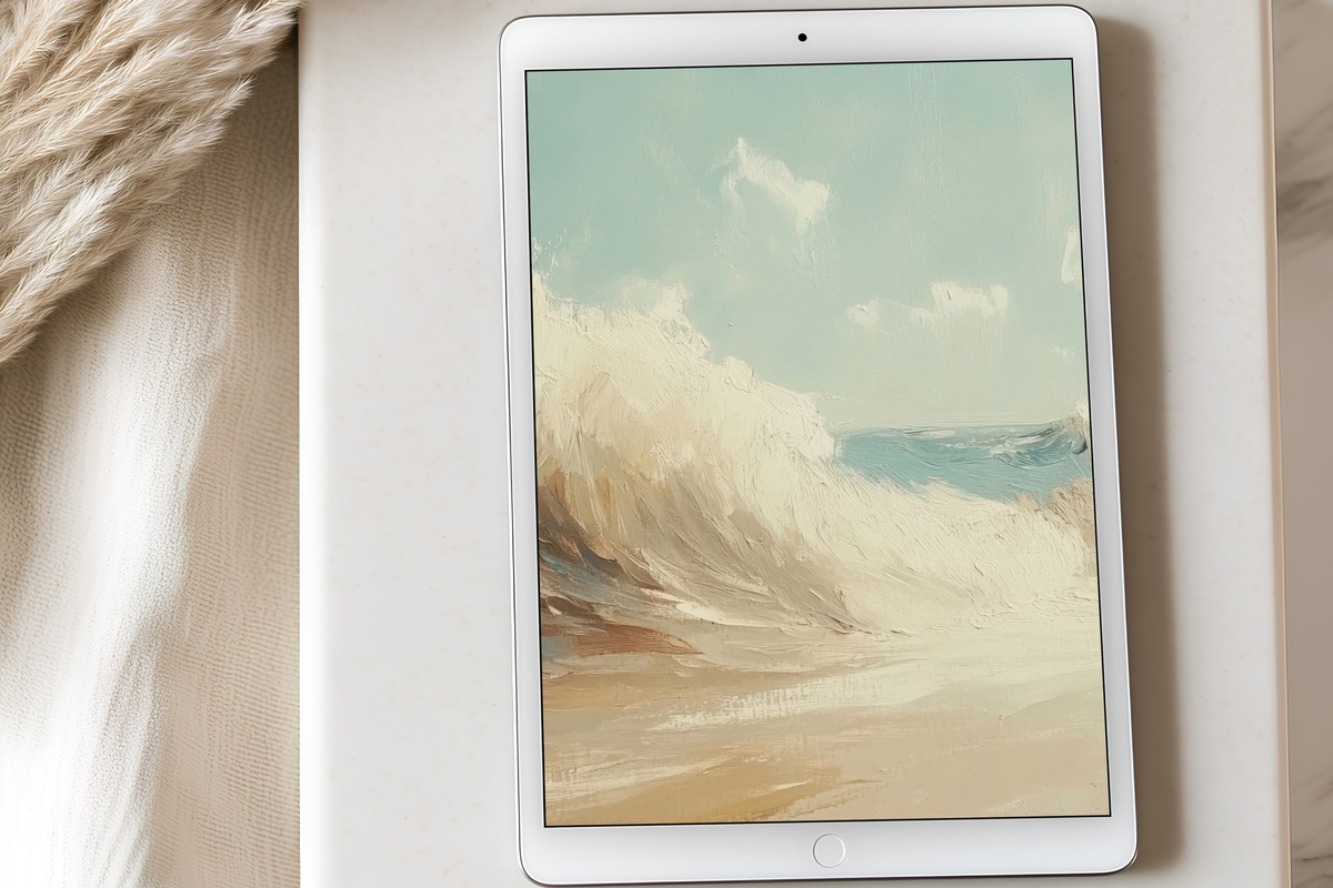 Vibrant Wave Symphony Summer iPad Wallpaper in bold coastal blues and creamy beige