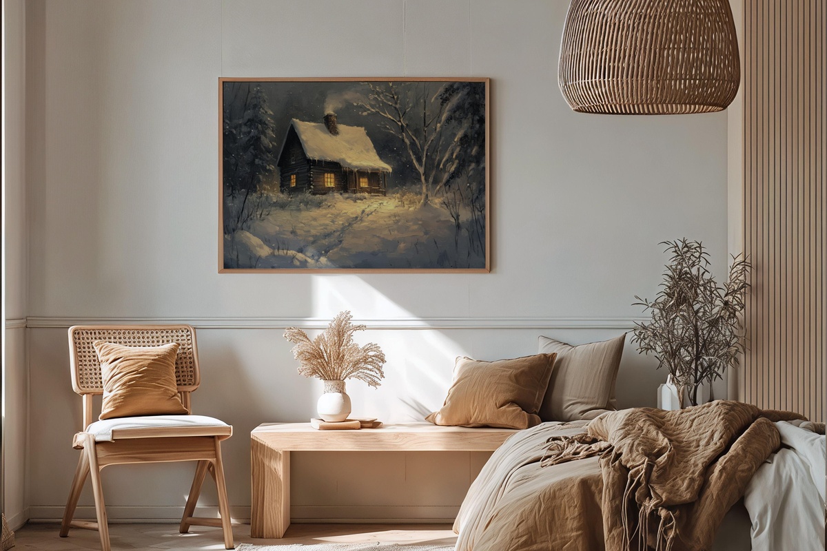 Cozy Retreat in Winter's Embrace printable wall art — winter cabin scene in warm amber and brown