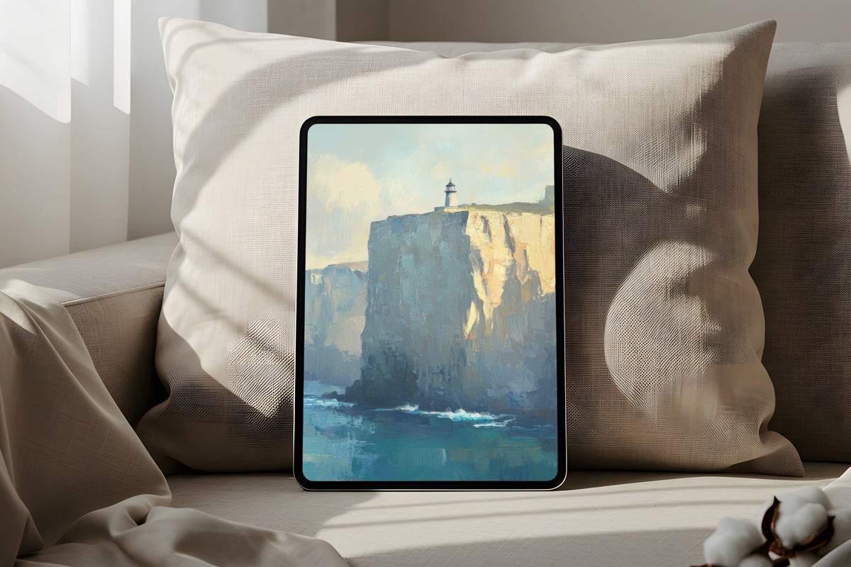 Majestic Beacon Cliffs vintage iPad wallpaper in serene coastal blue tones