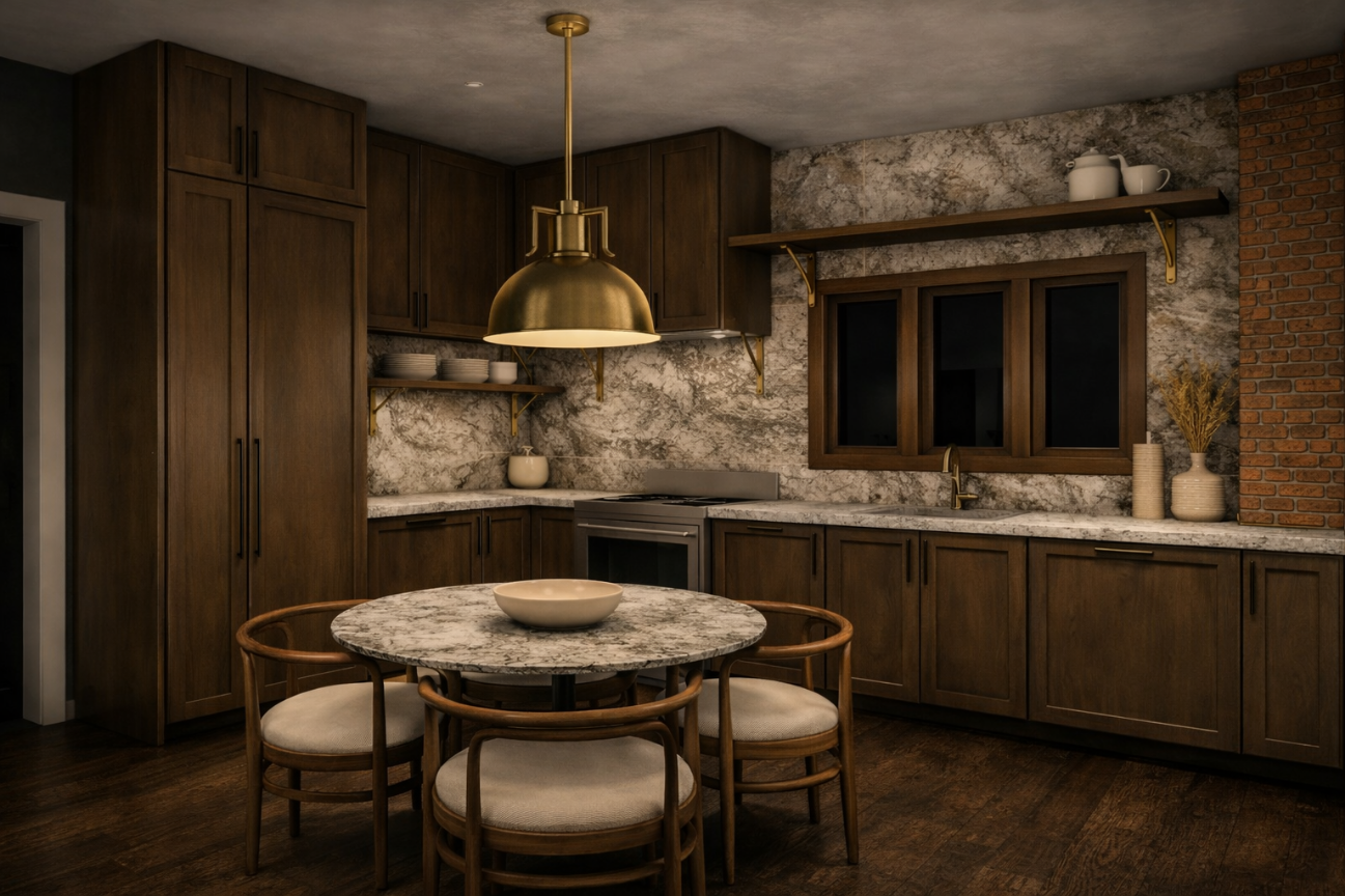 Moody kitchen and dining with dark wood cabinets, stone backsplash, and brass pendant