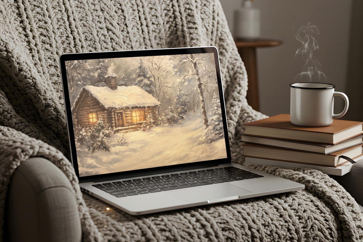 Serene Snowy Cabin Christmas Desktop Wallpaper