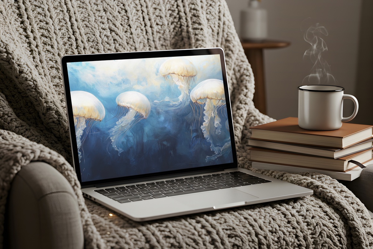 Jellyfish Serenade in Blue coastal desktop wallpaper with ethereal underwater jellyfish scene